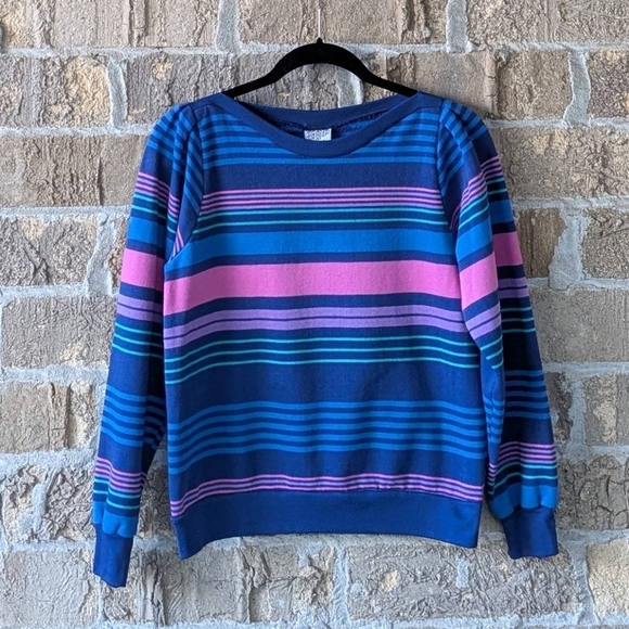 VTG 70s Maverick Wide Neck Striped Mom Shirt Blue Pink - Picture 1 of 9